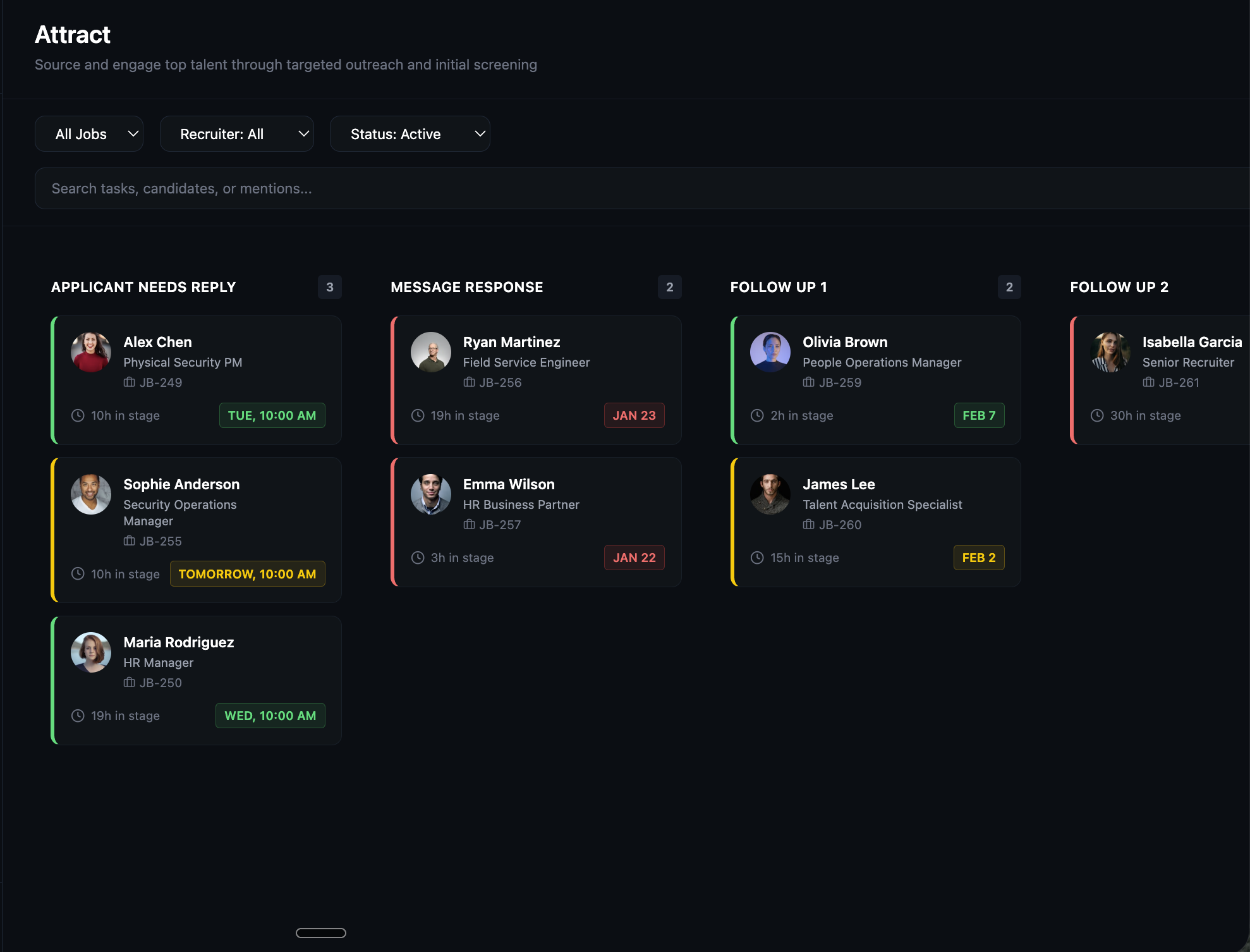 A candidate pipeline inside FUSE, showing every applicant's stage and how long they've been in it