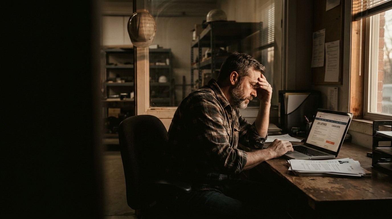 A small-business owner at his desk at the end of the day, worn down after another round of job-board postings failed to fill the role.